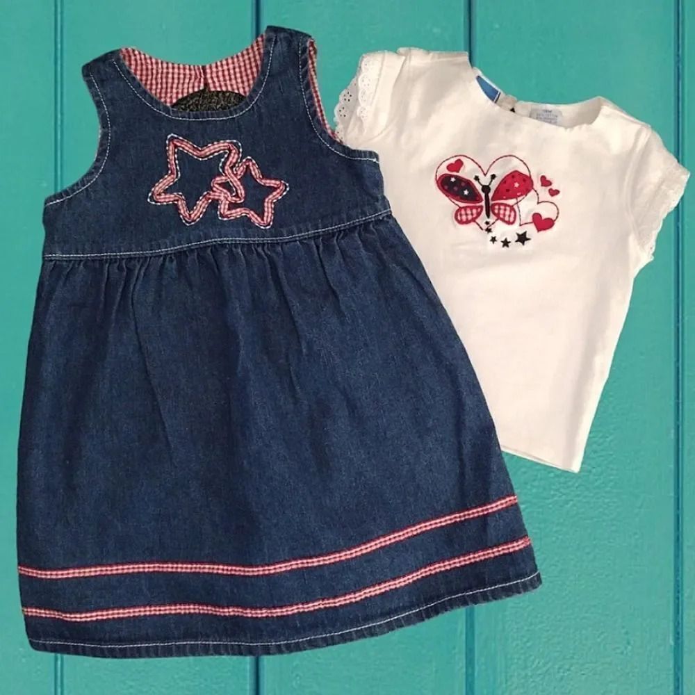 VTG 90s 2 Piece Jean Jumper Dress With Top Red White‎ Stars 18 Mths